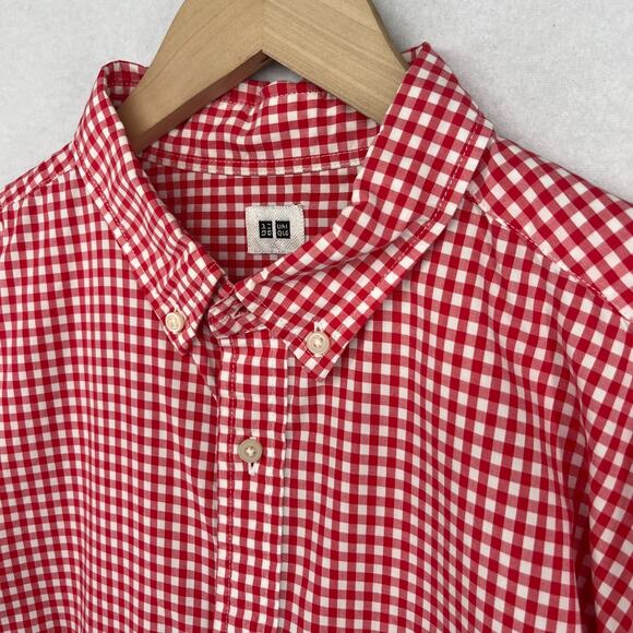 UNIQLO Shirt Mens L Gingham Check Button Up Long Sleeve Woven Cotton Red - Picture 1 of 15